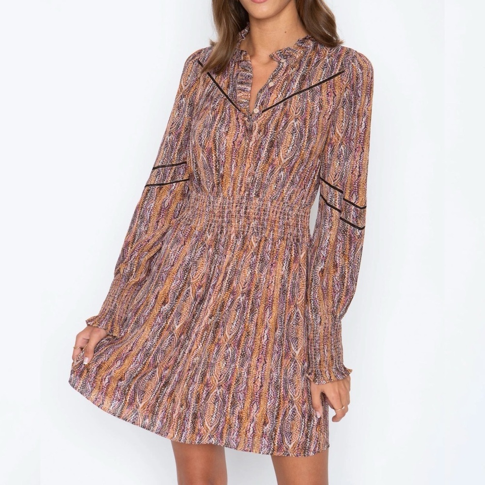 Caballero Multicolor Printed Long Sleeve Smocked Ruffled Nickie Dress Small